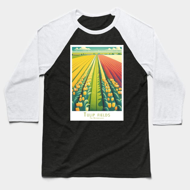 Retro Vintage Dutch Tulip Fields Panorama Baseball T-Shirt by POD24